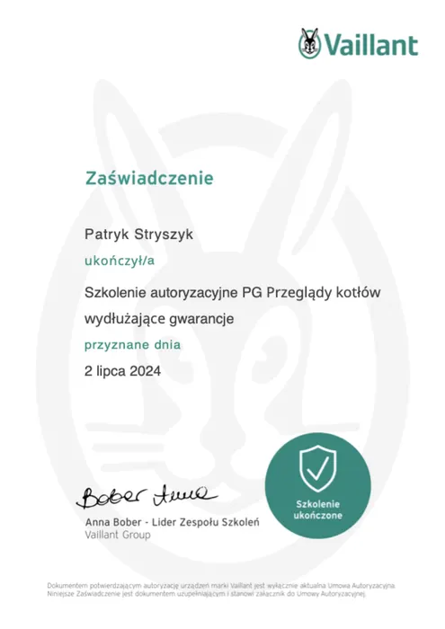 Zaświadczenie Vaillant dla Patryka Stryszyka, szkolenie autoryzacyjne: Przeglądy kotłów przedłużające gwarancję