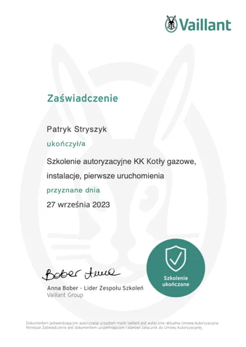 Zaświadczenie Vaillant dla Patryka Stryszyka, szkolenie autoryzacyjne: Kotły gazowe, instalacje, pierwsze uruchomienia
