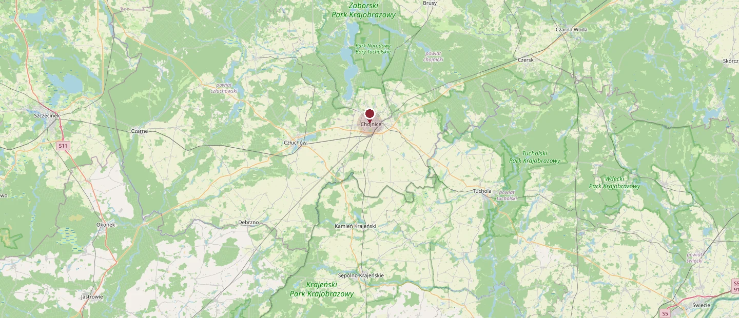 Mapa: Chojnice i okolica, zasięg dojazdu 100 km